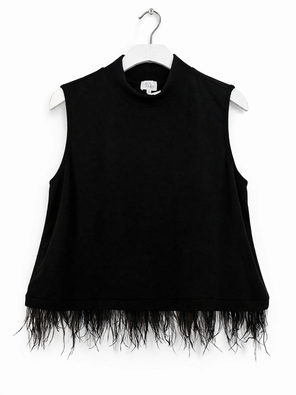 Feather-Hem Sleeveless Mock Neck Tee in Black XL